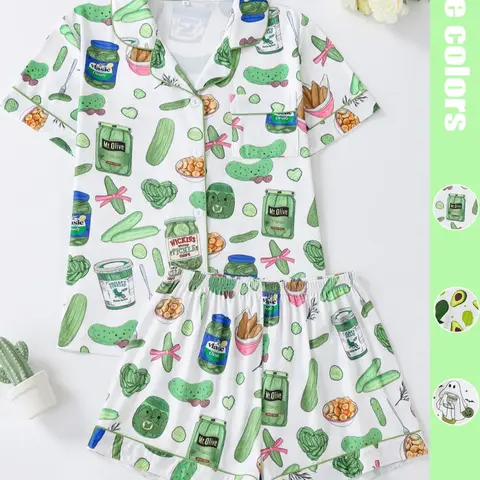 【Black Friday】2-Piece Vegetable Print Women's Pajama Set, Button-Up Short Sleeve Top and Comfortable Shorts, Elegant Sleepwear, All-Season Loungewear, Comfy Pajama Sets #GLOBAL PICKS