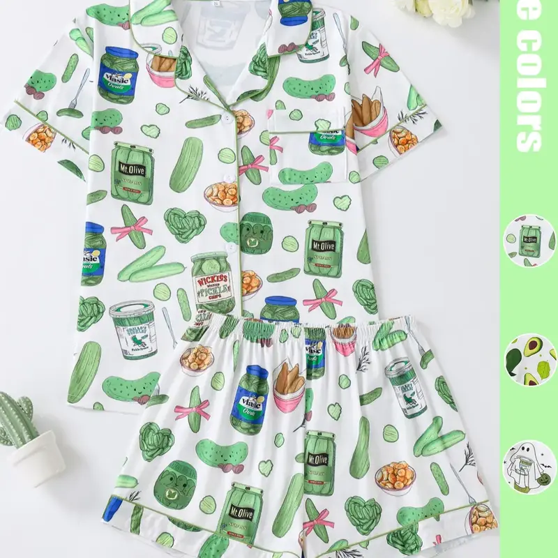 【Black Friday】2-Piece Vegetable Print Women's Pajama Set, Button-Up Short Sleeve Top and Comfortable Shorts, Elegant Sleepwear, All-Season Loungewear, Comfy Pajama Sets #GLOBAL PICKS