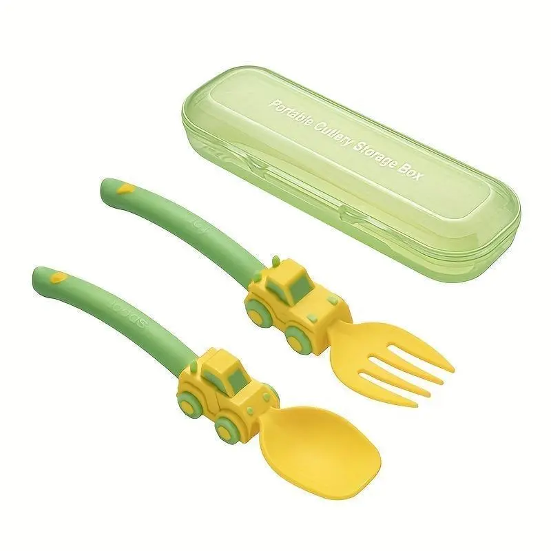 Summerwins Colorful Cars Themed Toddler Forks and Spoons Set - Plain Rectangle Kids' Utensils Included, Kids-Safe, Food-Safe, Easy-Grip Handles, Sturdy, Portable Self-Feeding Dinnerware, Toddler Birthday Gift Idea
