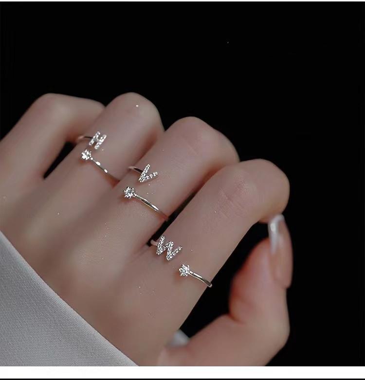 Silver Initial Letter Open Ring Set, Dainty CZ Adjustable Stackable Rings for Women Silver Initial Letter Open Ring Set, Dainty CZ Adjustable Stackable Rings for Women