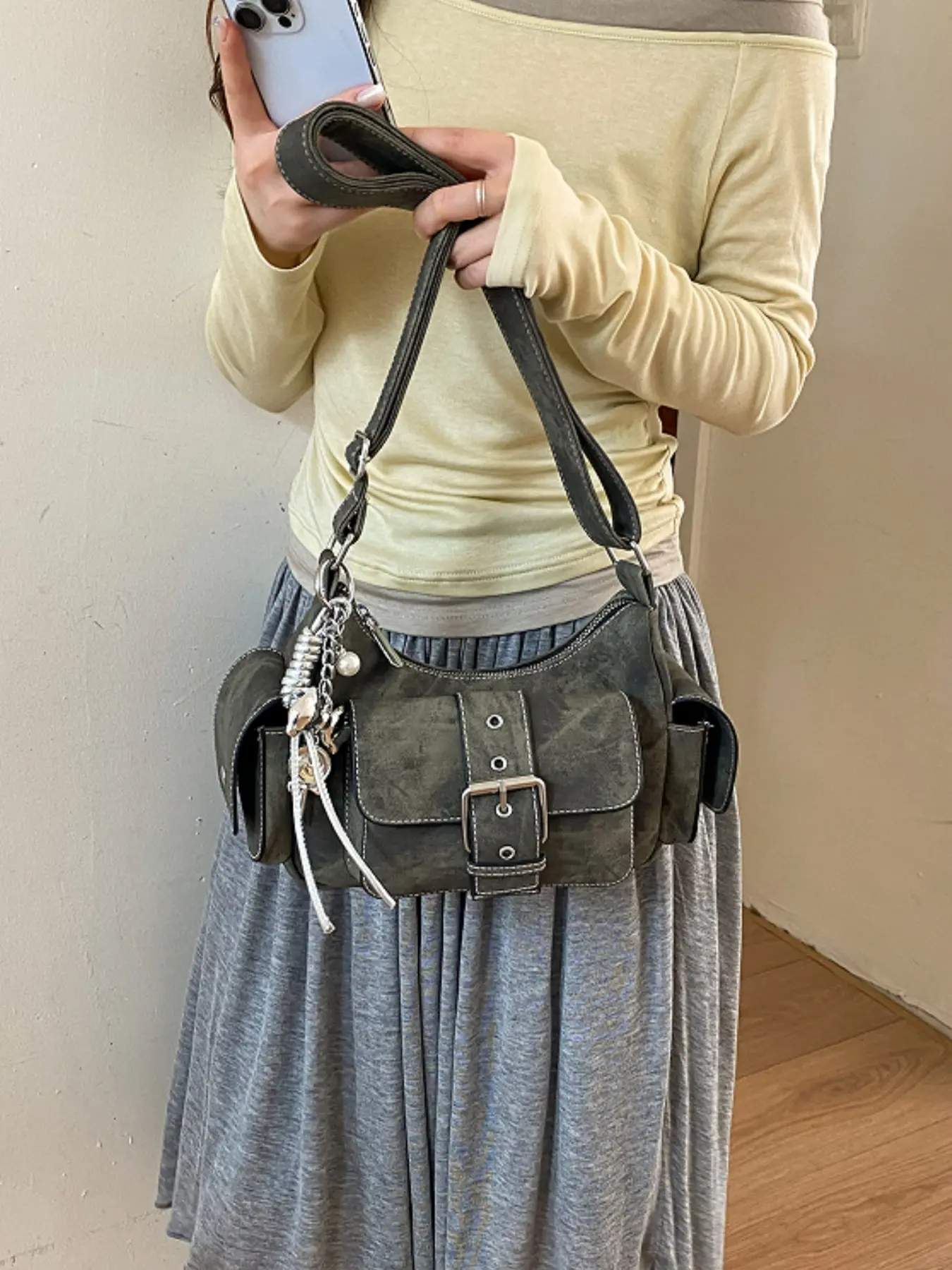 Trendy and stylish textured gentle underarm bag, multi-pocket buckle design crossbody bag, with cute adjustable strap accessories, daily commute women's shoulder bag, Zipper Crossbody Bag