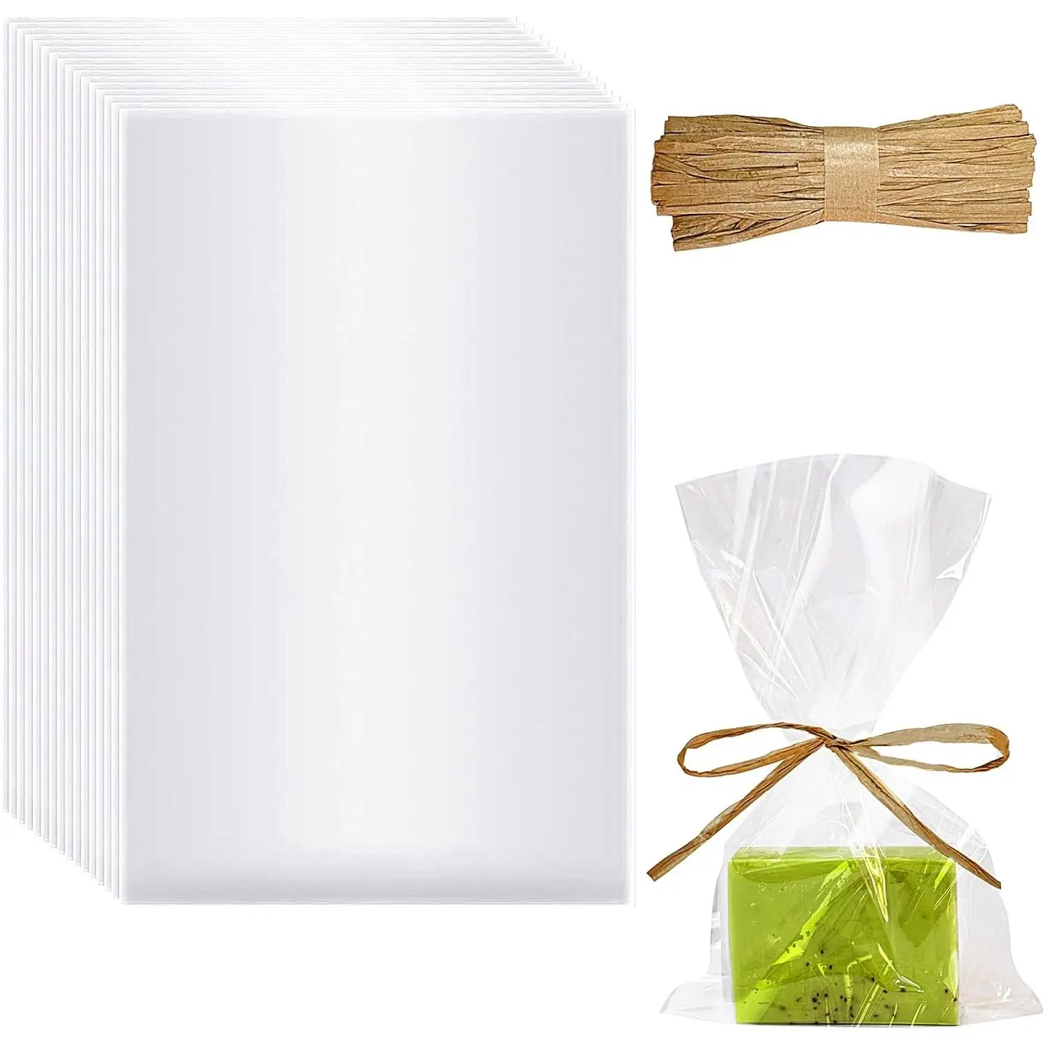 100 count Clear Soap Bags for Homemade Soap Packaging 5x8 Inch Cellophane Bag with Raffia Rope