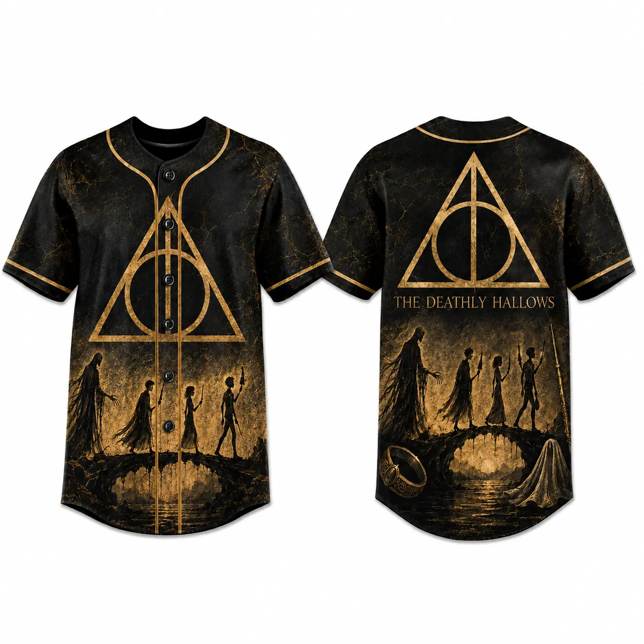 Harry Potter Deathly Hallows Baseball Jersey, Unisex Black Gold Button Down Short Sleeve All Over Print Graphic Shirt, Wizarding World Fan Apparel, Gothic Streetwear Top