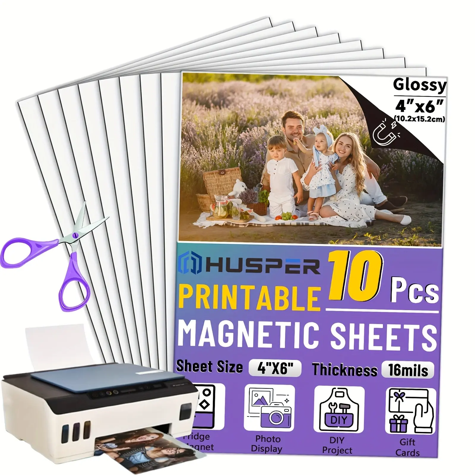 10pcs Printable Magnetic Sheets, 4r(4x6 Inch) Flexible Glossy Magnet Paper, Non-Adhesive for Refrigerator Photos, DIY Crafts