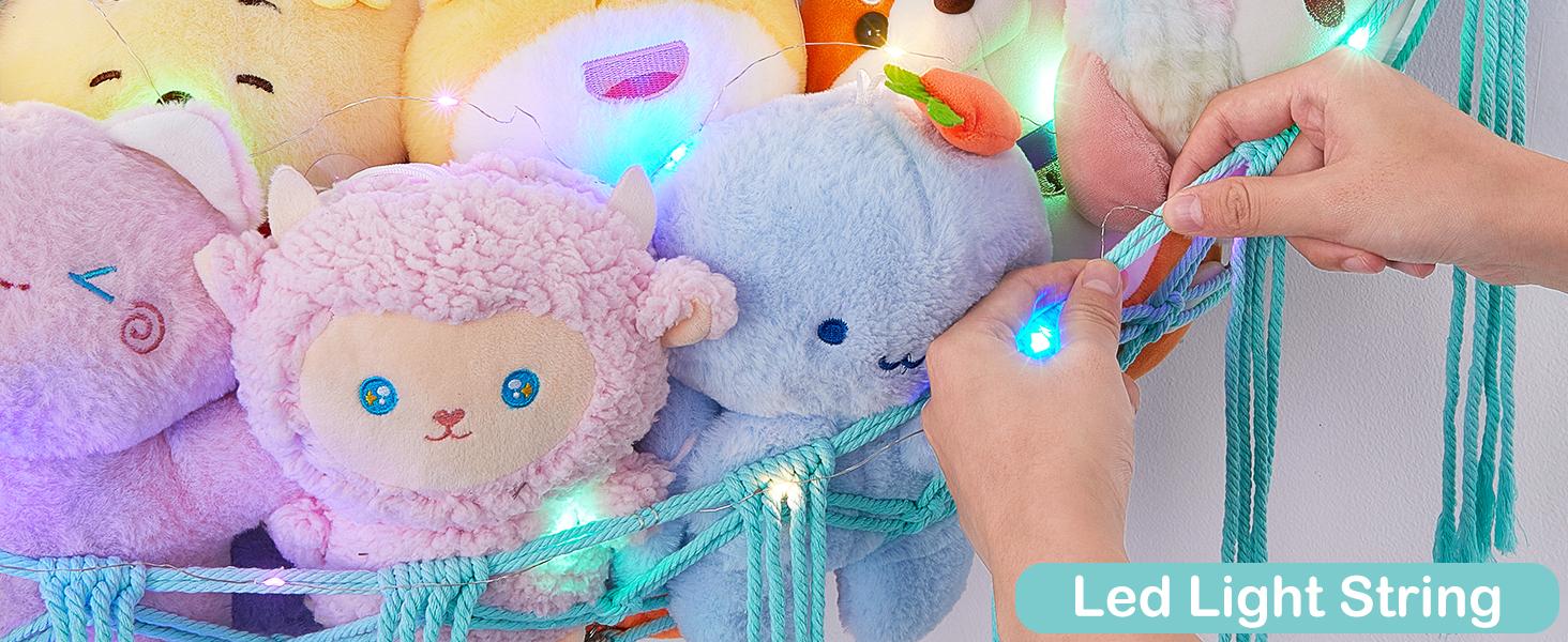 Stuffed Animals Net or Hammock with LED Light, Hanging Stuffed Animals Storage Toy Hammock Net Corner Wall Girls Room Decor Toy Storage Organizer, Purple,