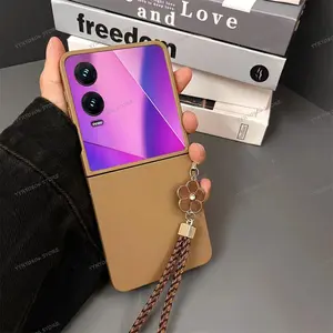Luxury Classic Korean Brown Phone Case with Flower Strap for Infinix Zero Flip Tecno Phantom V Flip2 5g Shockproof Back Cover
