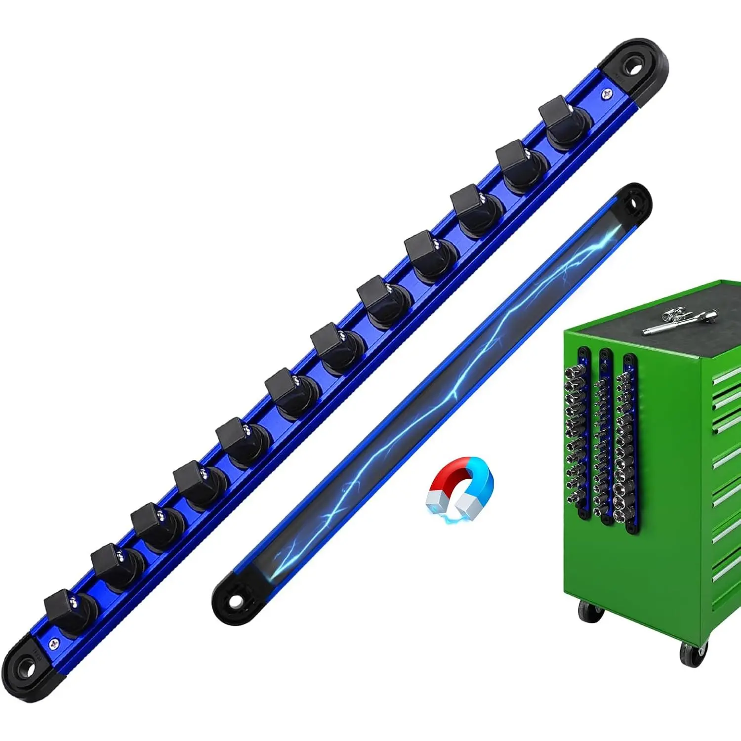 1/2-Inch  Socket Organizer Rail,  Alloy Socket Rail, Heavy Duty Sockets Holder with 12 Clips, 360° Swivel Clip Tool Tray, Sockets Organizer for Tool Box Drawer (Blue)