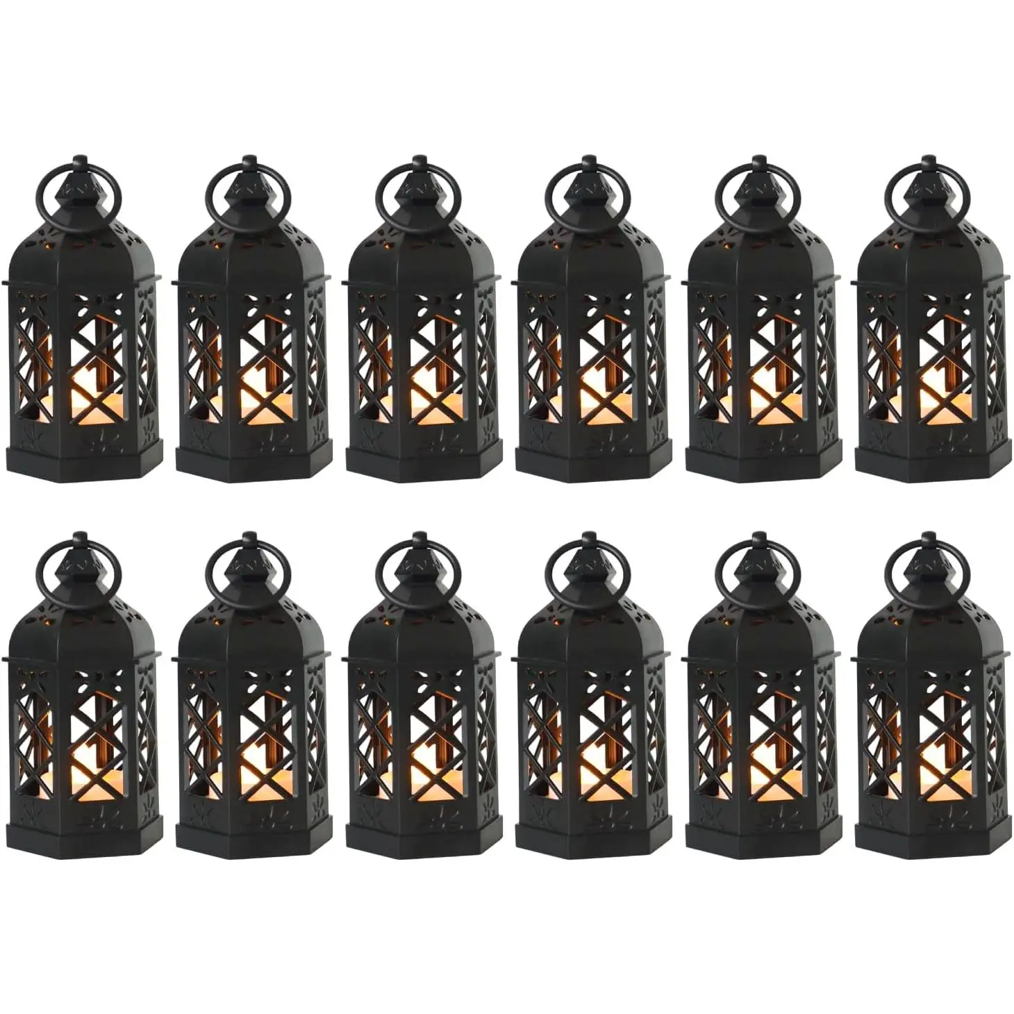 12-Pack Mini Lanterns with Flickering LED Candles for Ramadan, Moroccan Decorative Hanging Lanterns for Halloween, Christmas, Wedding, Black Lantern for Table Centerpiece, Home & Party Decor