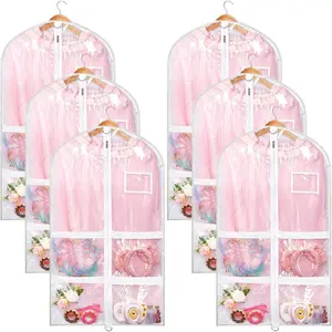 6pcs Garment Bags for Dance Costume Clothing Bags Hanging Clothes Clear Dance Garment Carrier for Dancers with 5 Zipper Pockets Closet Hanging Clothes Cover (White)