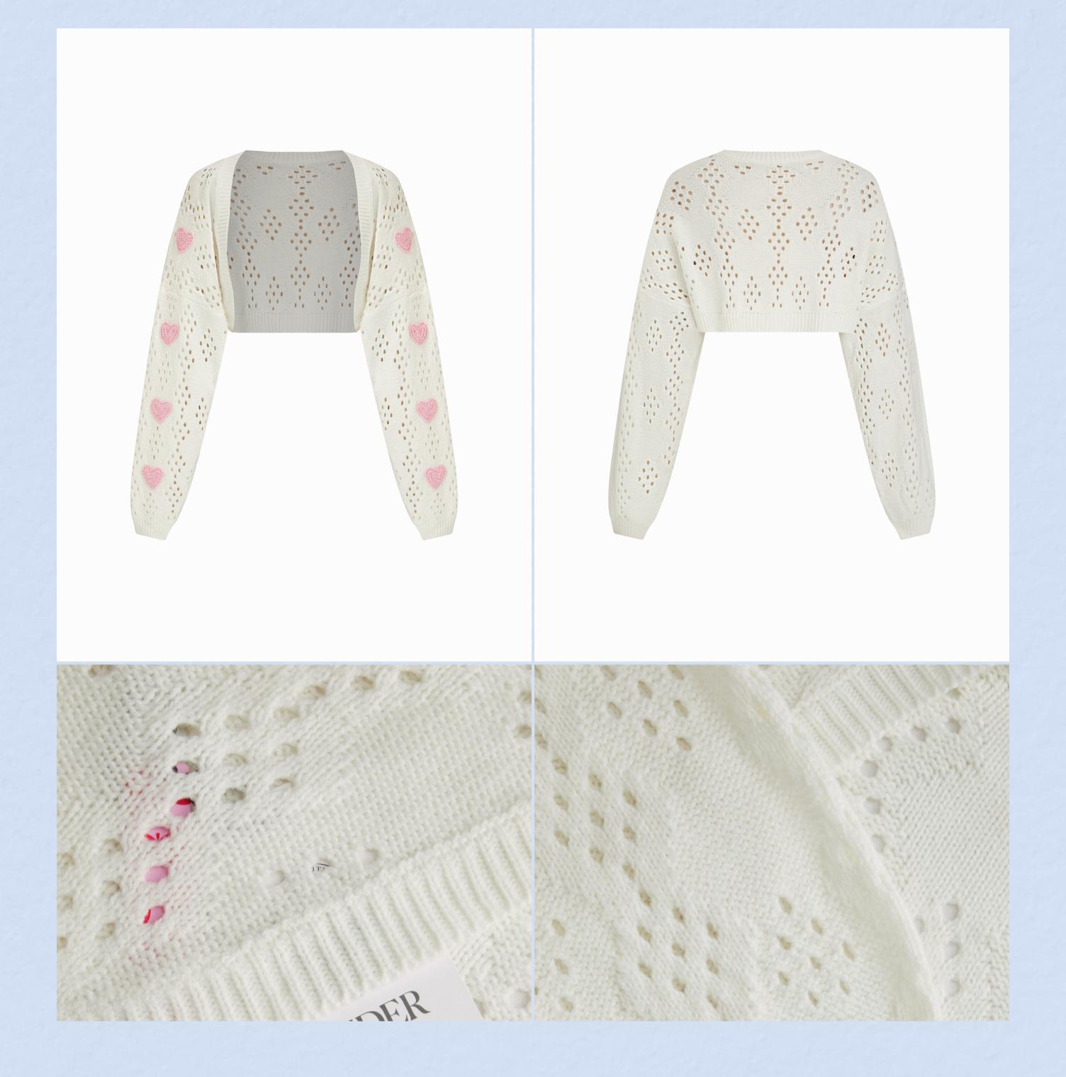 Cider Cream White Open Back Crochet Hollow Out Cardigan with Pink Heart Embellishments - Sweet Short Sleeve Knit Sweater for Women Daily/Dating