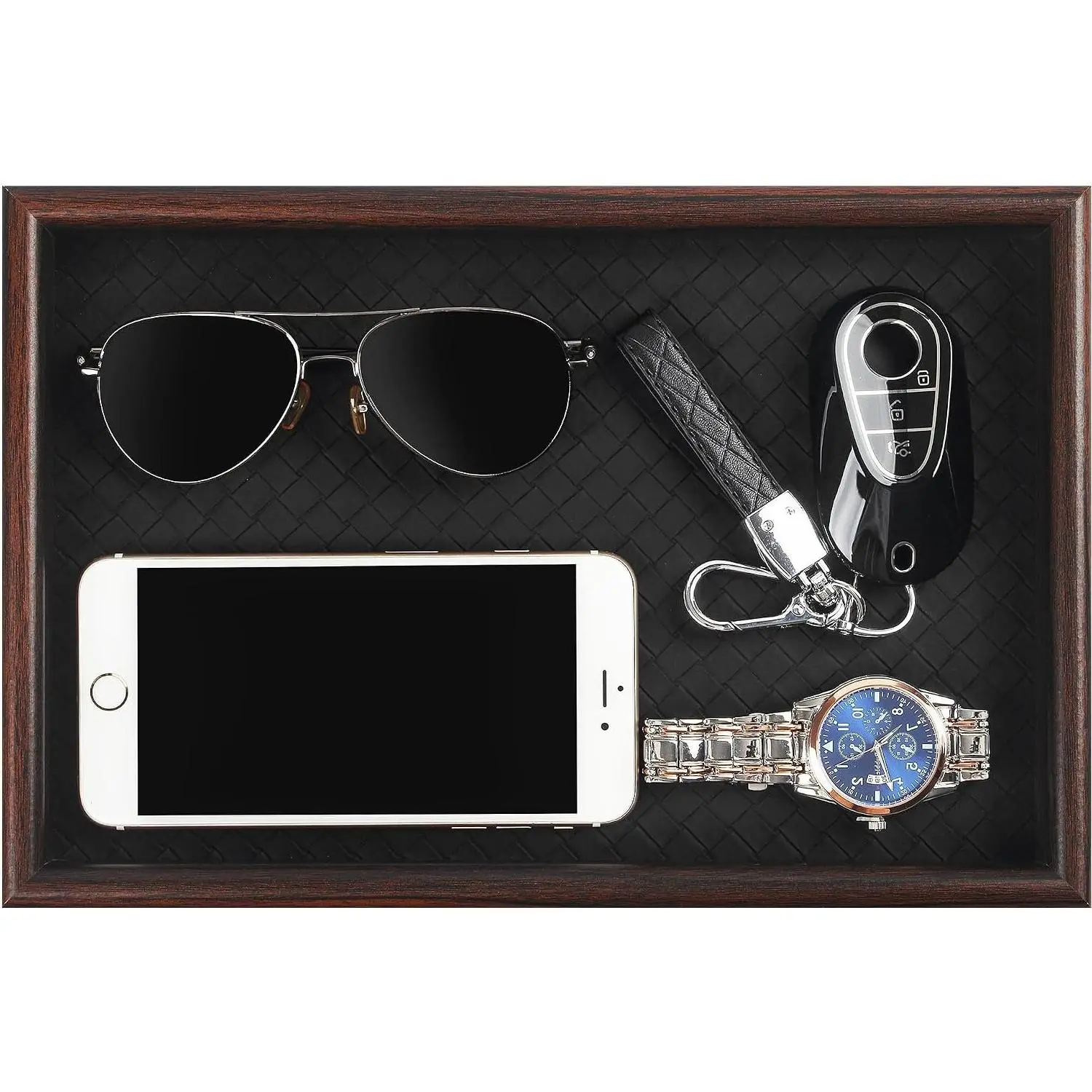 Wooden Valet Tray with Leather Base - Nightstand Catchall Organizer for Cologne, Perfume, Keys, Wallet, Phone, Watch, Jewelry & Sunglasses (Black)Gift