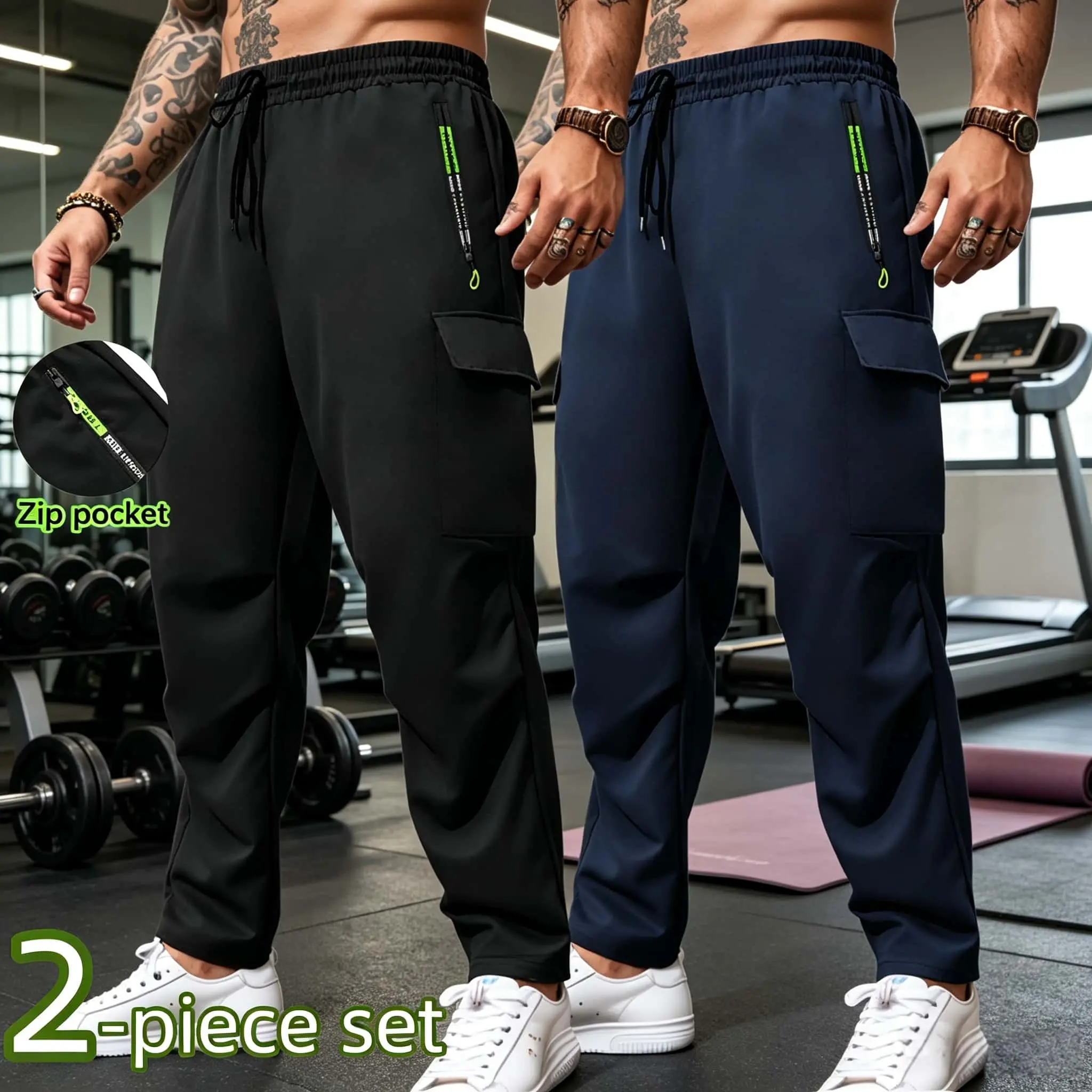 Men's 2PC Embroidered Athletic Style Sports Joggers, Breathable Outdoor Work Pants, Lightweight Fit, Sweat-Wicking, Drawstring Elastic Waist, Zipper Safety Pocket, Suitable for Daily Activities, Fitness Training,back to school,back to school haul