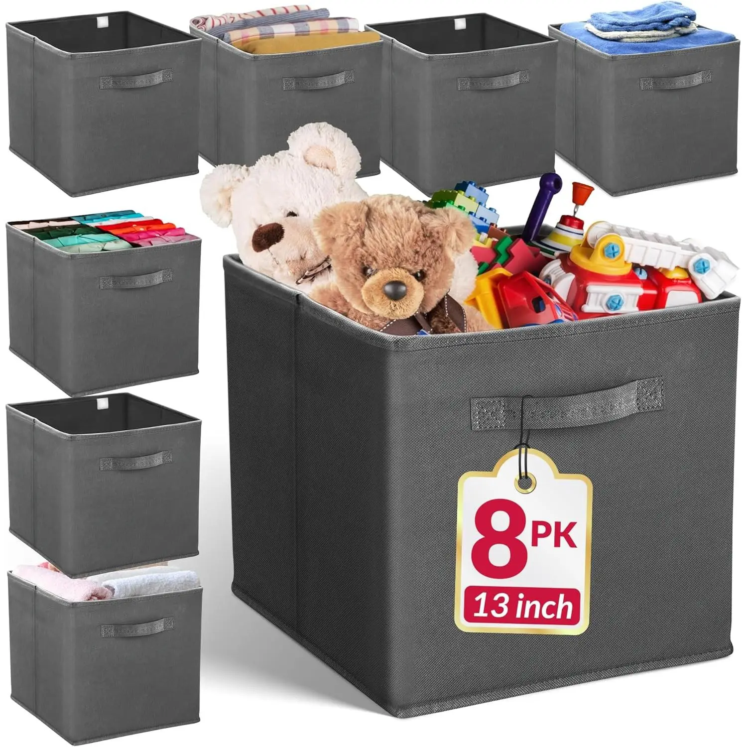 Reli.13x13x13 Storage Cube Bins (8 Pack)| Large Cube Organizer Bins| 13x13 Fabric Storage Boxes| Fits Kallax| Collapsible, Foldable Fabric Cubby Box (Square)| Kids Room Organization (Dark Gray)