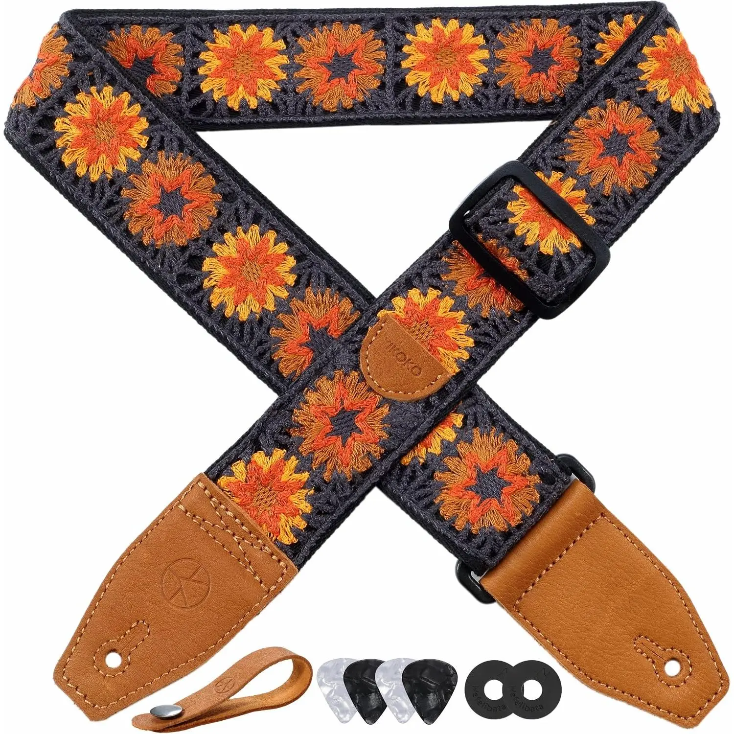 Guitar Strap 2 inch Floral  Guitar Straps with Full Grain Leather End, for Bass, Electric and Acoustic Guitars, Free Strap Button, Strap Locks and Guitar Picks