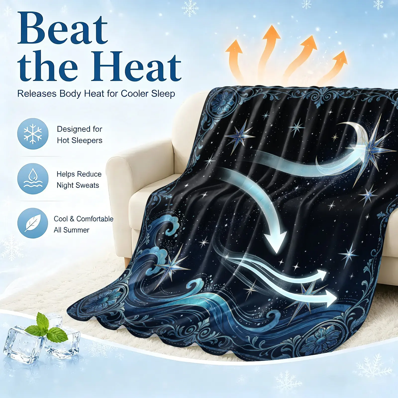 Dark Blue Wave Moon Star Cooling Blanket, Arc-Chill Icy Touch Summer Throw for Hot Sleepers, Lightweight Multi-Functional Sofa Bed Cover, Witchy Galaxy Summer Vibes Decor for Sofa Office Nap Travel Camping, Ideal Mystical Astrology Gift