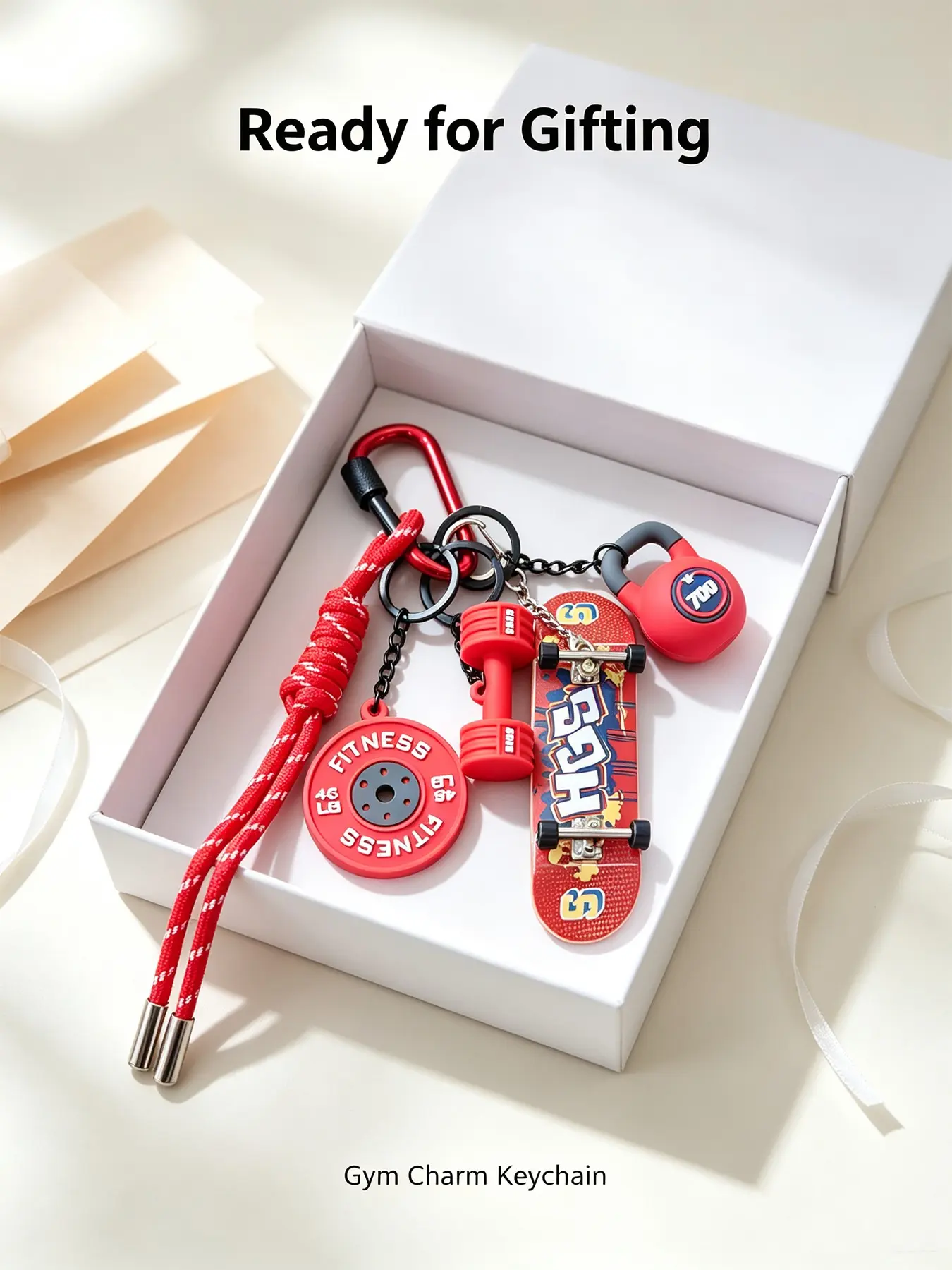 Y2K Street Skate Gym Aesthetic Mini Finger Skateboard Fitness Keychain Dumbbell Kettlebell Weight Plate Charms Braided Nylon Rope Screw Lock Carabiner Backpack Bag Pendant Gift For Skater Workout Sports Teen Boys Girls Keychain For Bags