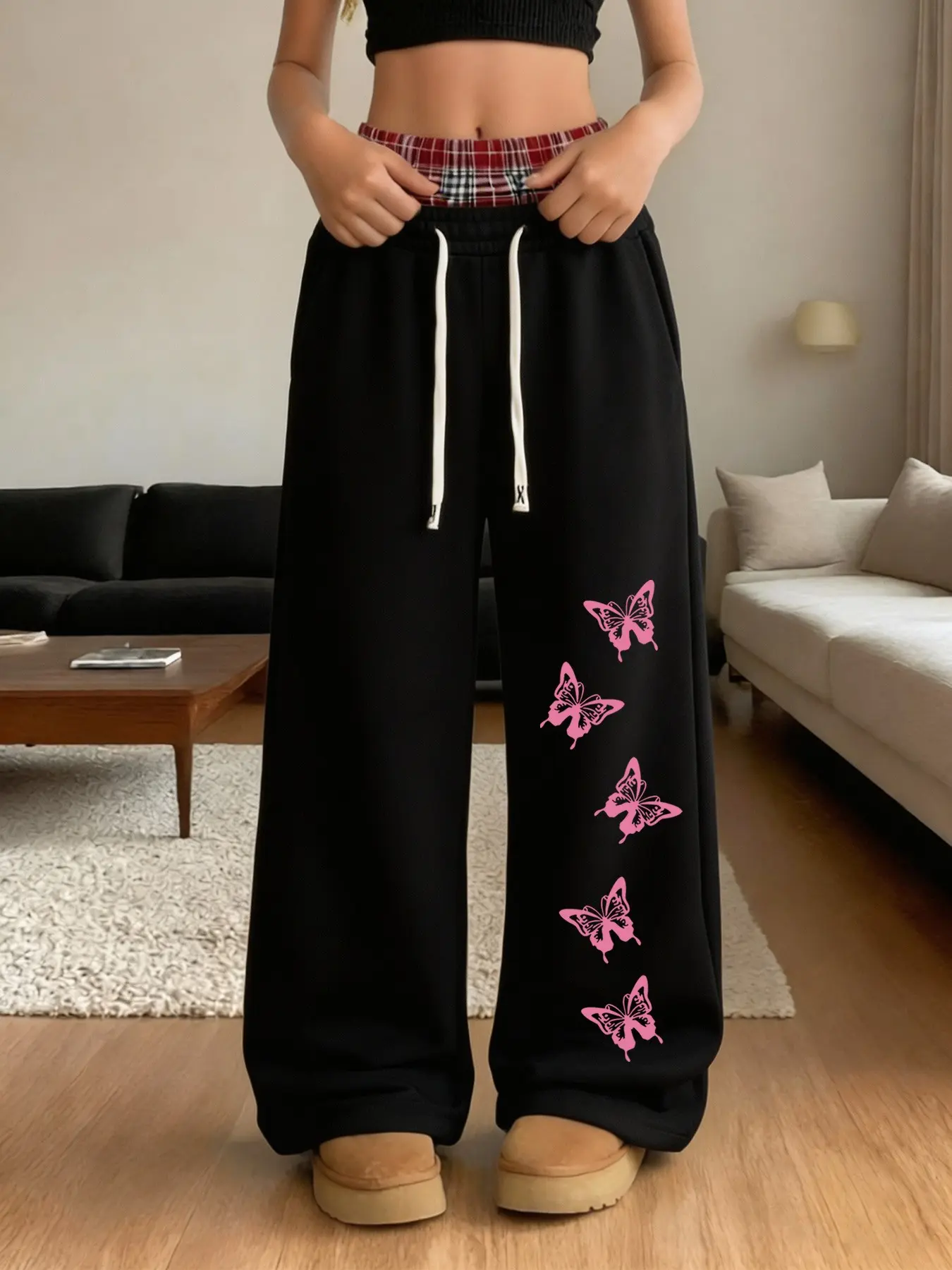 Women's Wide Leg Sweatpants, Butterfly Print, Grid Double Layer Waist Adjustable Drawstring, Loose Fit Casual Street Style, Pockets, All Seasons