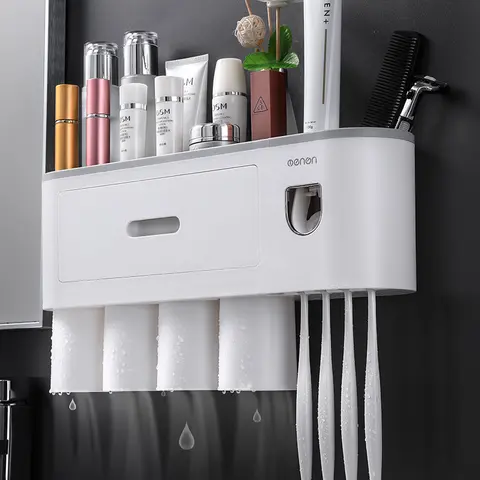 Wall-Mounted Multi-Compartment Plastic Toothbrush Holder Set - Multifunctional Bathroom Accessory with Toothpaste Dispenser, 1/3/4 Magnetic Cups, Compact Space-Saving Home Goods Organizing Solution for Bathroom