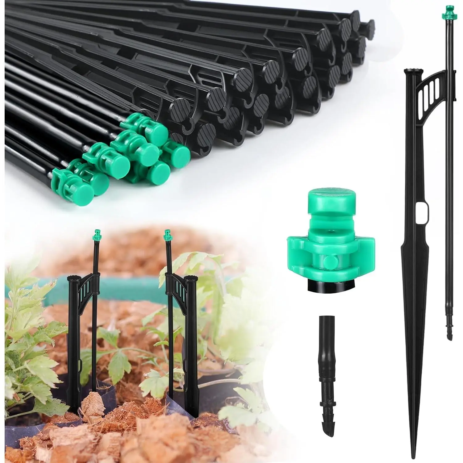 25 count 12.8 Inch Drip Irrigation Stakes with 180  Sprayer Emitters and Sprinkler Extension Riser 1/4 Inch Drip Line Sprinkler Support Stakes for Garden Watering System,Green
