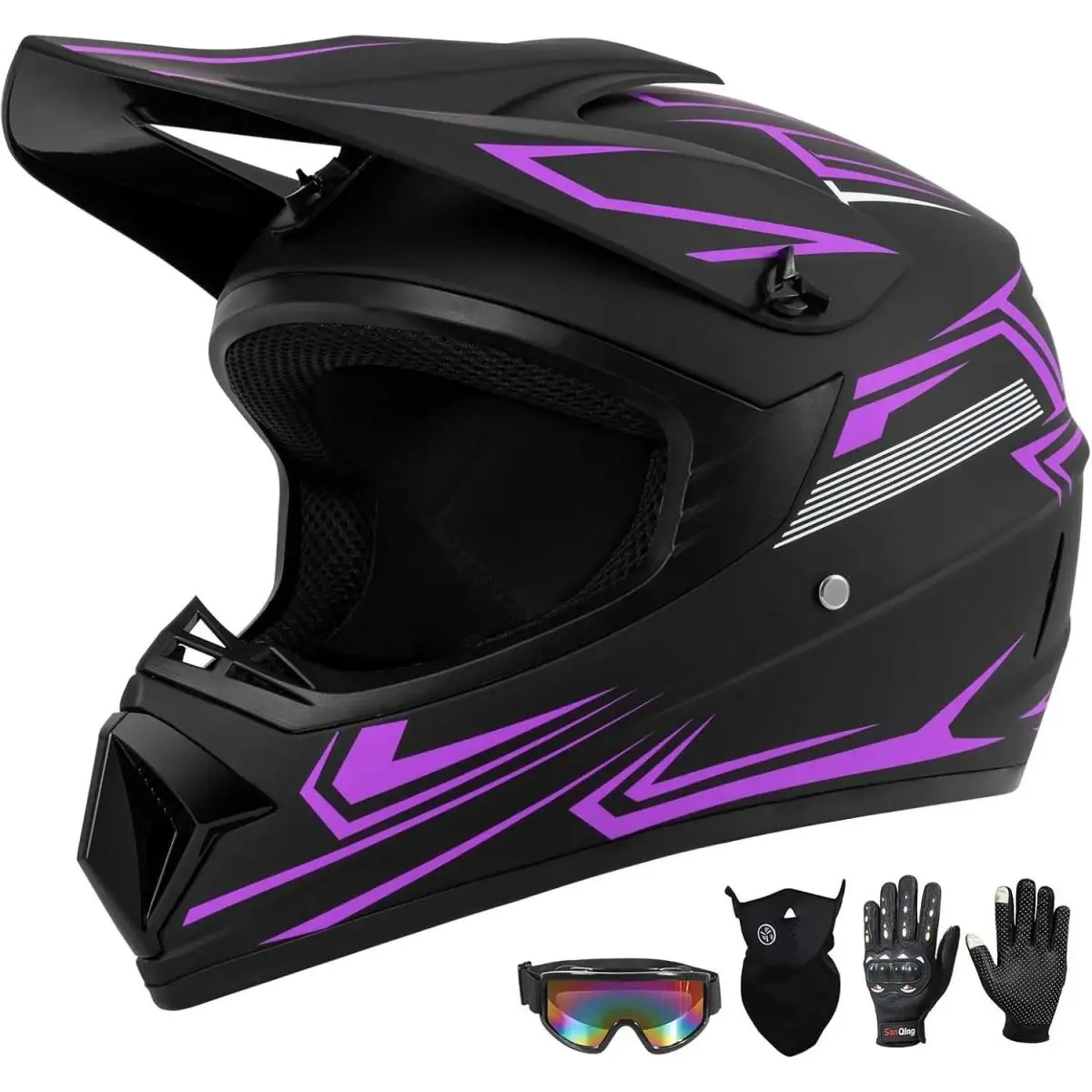 Full Face Motorcycle Helmet, S-XL Fit Options for 52-59 cm Head Circumference, for Youth Teens and Adults, E-Bike Electric Scooter Moped Commuting, DOT Compliant, 4-Piece Helmet Set with Goggles Gloves and Mask, UV Goggles and Year-Round Riding