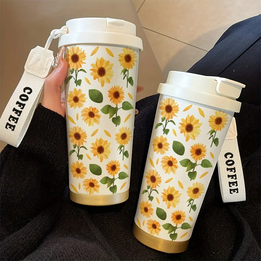 1pc Modern 18oz Stainless Steel Sunflower Insulated Travel Tumbler with Lid and Straw, Double-Wall Vacuum Leak-Proof Car Cup, Yellow-Green Floral Drinkware for Coffee, Gym, Holiday Gifting