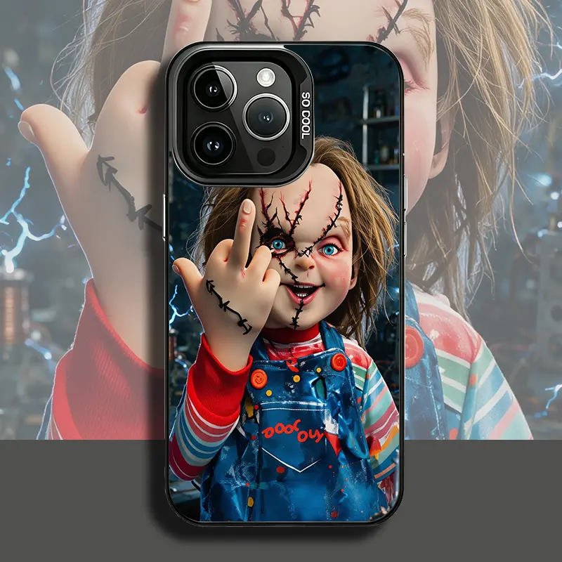 Chucky Doll Making Rude Gesture Pattern Phone Case.Suitable for iPhone 17 17 Pro 17Air 17 Promax 16 15 14 13 12 11 Pro Promax 16E XSMAX Colorful Silvery Hard Case with Anti-Drop And Shockproof Function Perfect holiday gift
