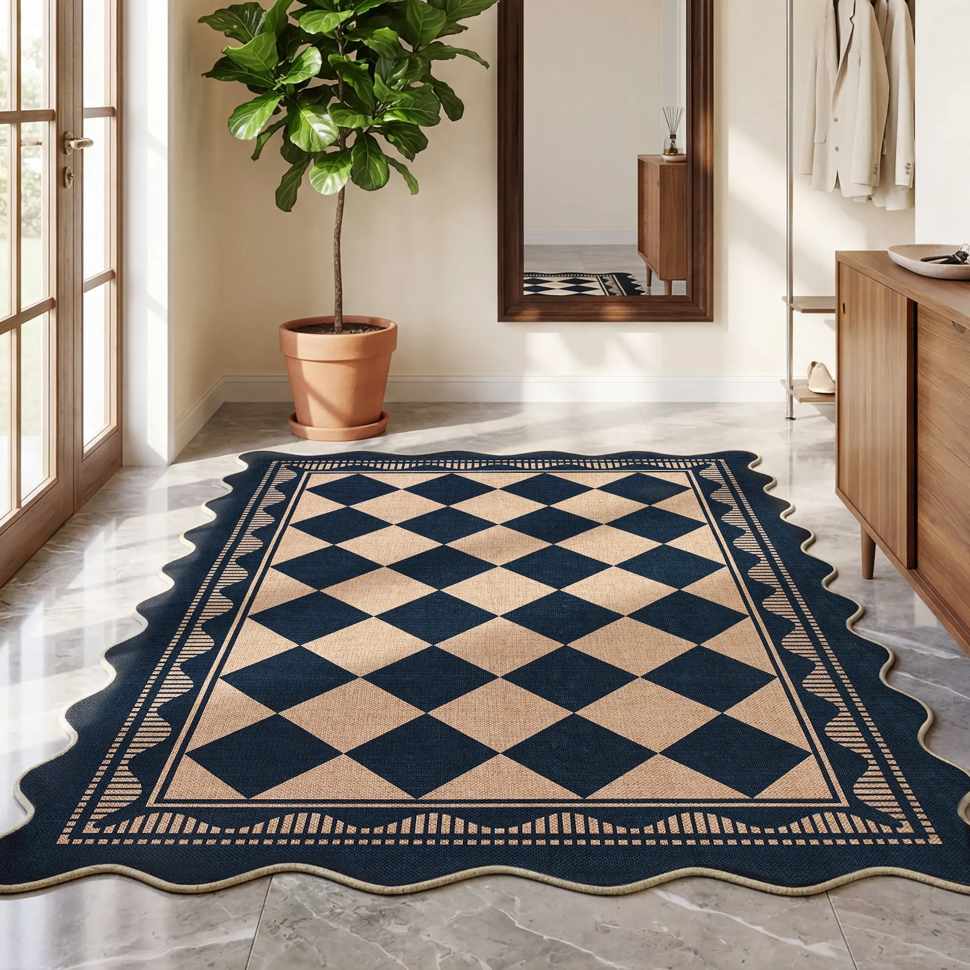 Washable Scalloped Easy Jute Outdoor Area Rug, Farmhouse Outdoor Patio Rug, Indoor Outdoor Geometric Rug Neutral Non Slip Carpet for Living Room Backyard Porch Garden Home Decor