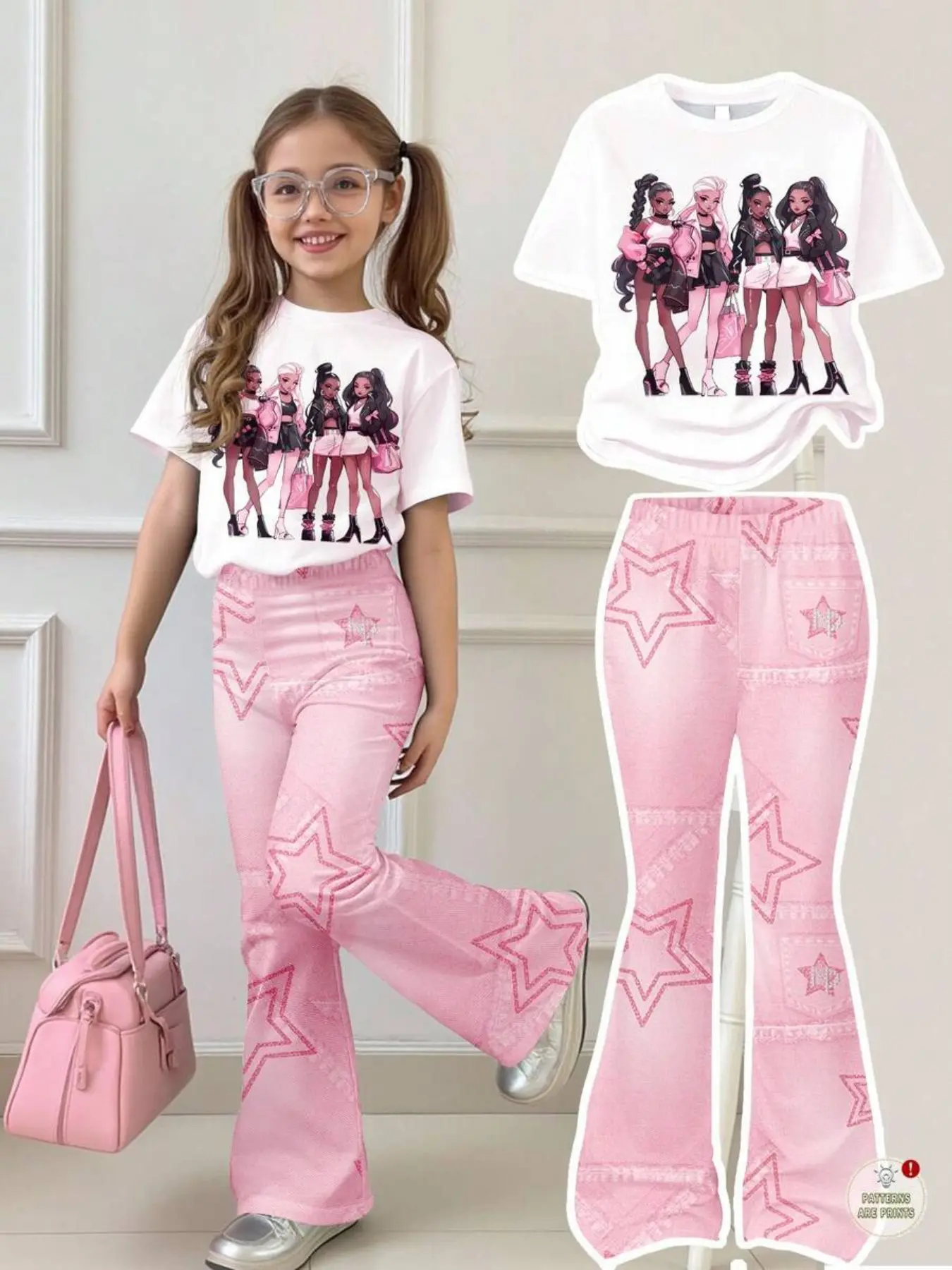 Girls' Cartoon Short Sleeve T-Shirt, Millennial Sweet Cool Style, Loose Round Neck, Girl Group Print, Casual Wear for Home and Outdoors