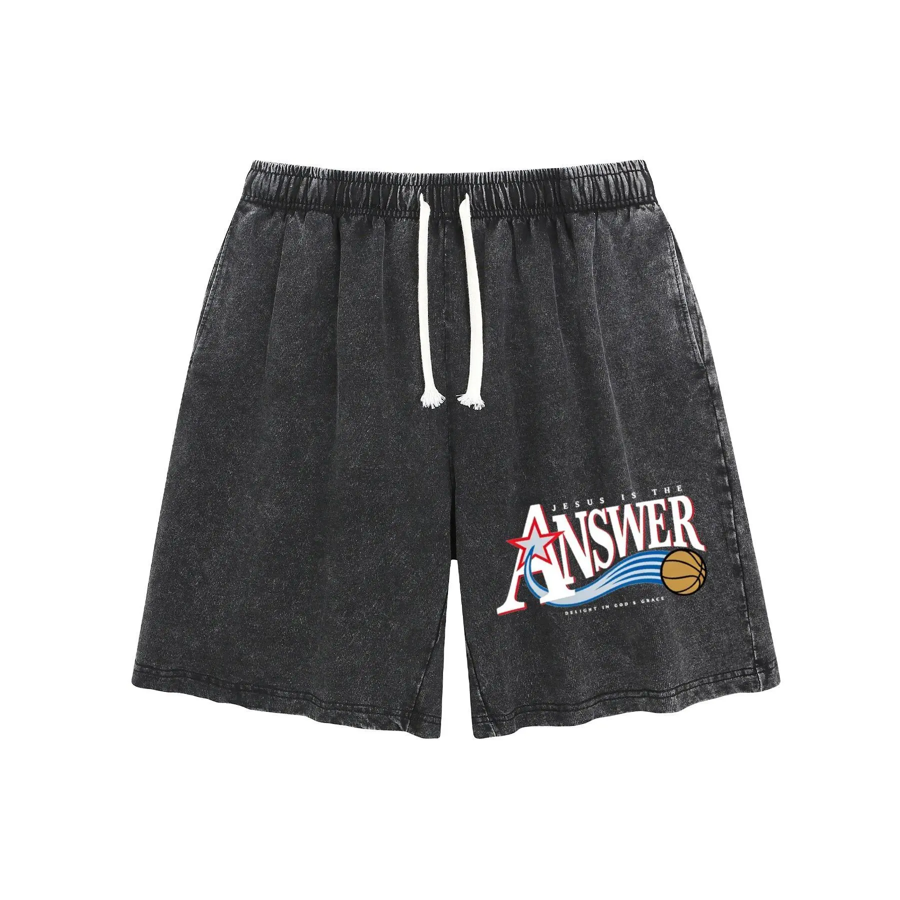 Mens Cotton Unisex Christian Print Washed Shorts, Menswear Casual Bottoms