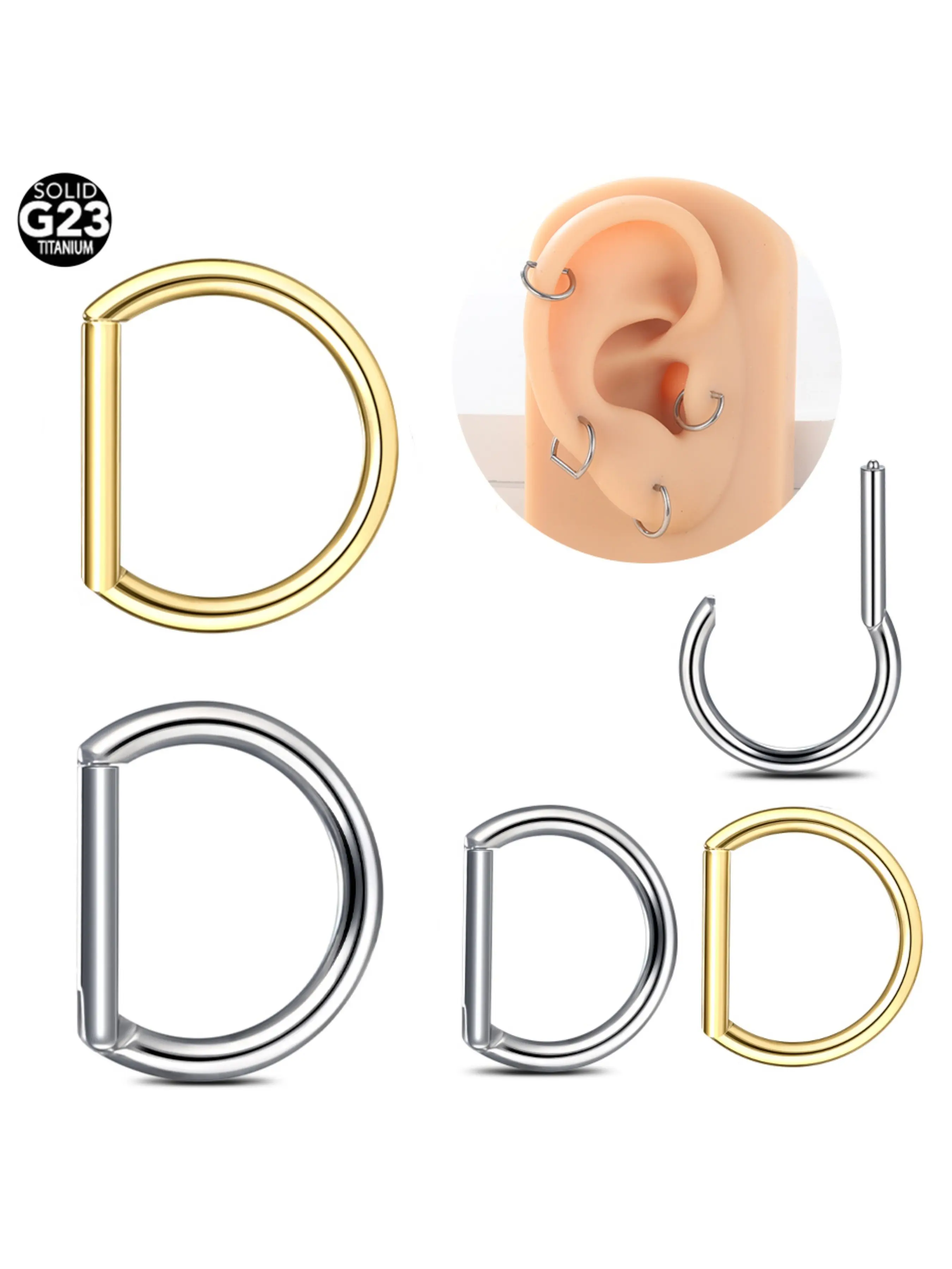 1PC G23 Titanium D Shape Segment Ring Clicker 16G Nose Ring Half Ring Cartilage Tragus Helix Pierced Ring Earring Piercings Jewelry Women