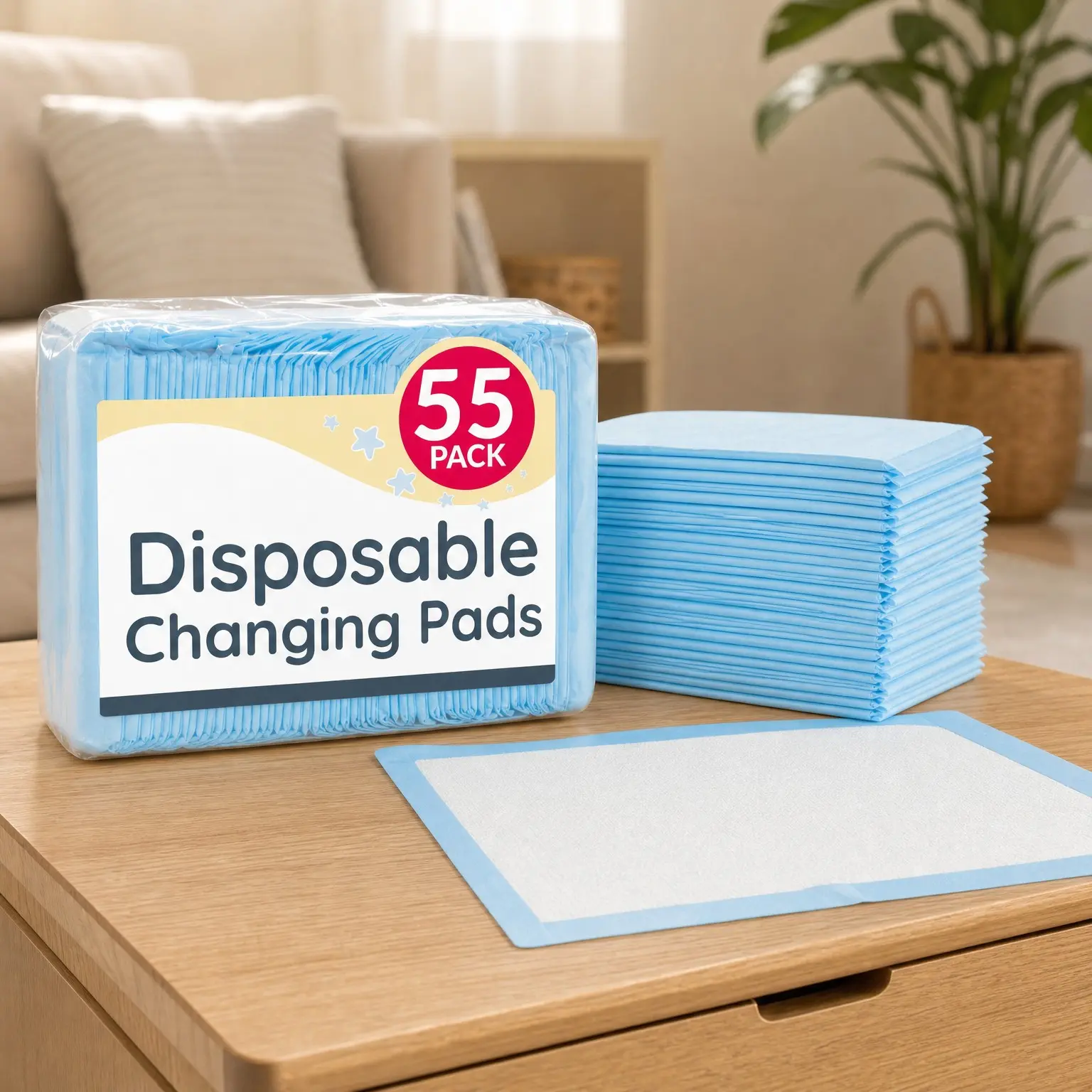 Disposable Baby Changing Pads, 55 Pack, 13" x 18" Super Absorbent Leak-Proof Waterproof Quick-Dry Underpads, Blue/White(Gift)