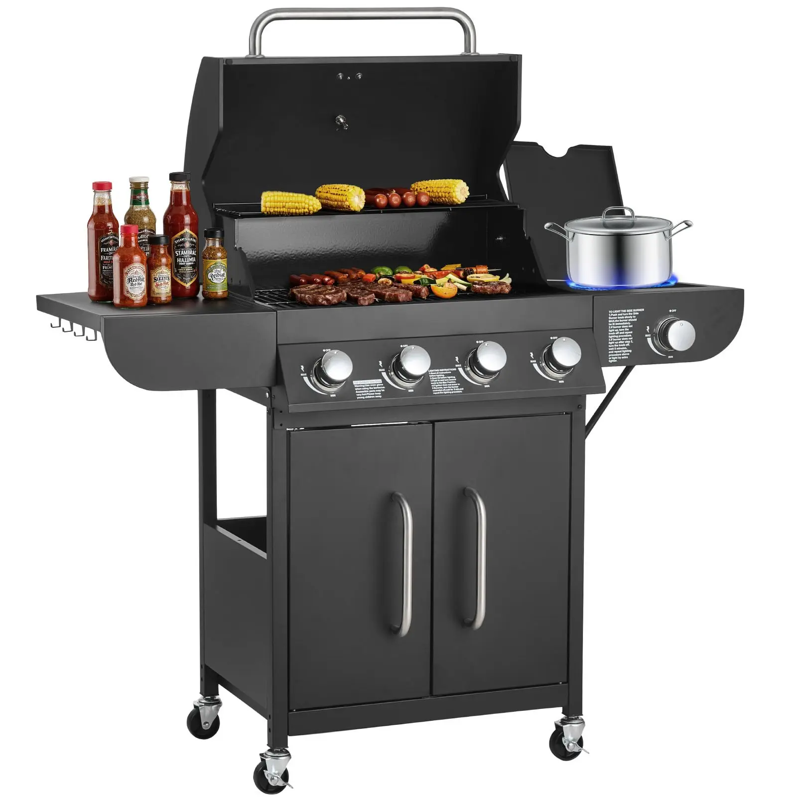VEVOR Gas Grill, 4 Burner Propane Gas Grill with Side Burner, 425 SQ. In Grilling Area, Carbon Steel Enamel Grates, Outdoor 52, 000 BTU Patio Garden BBQ Grills with Two Side Shelves, Carbon Steel
