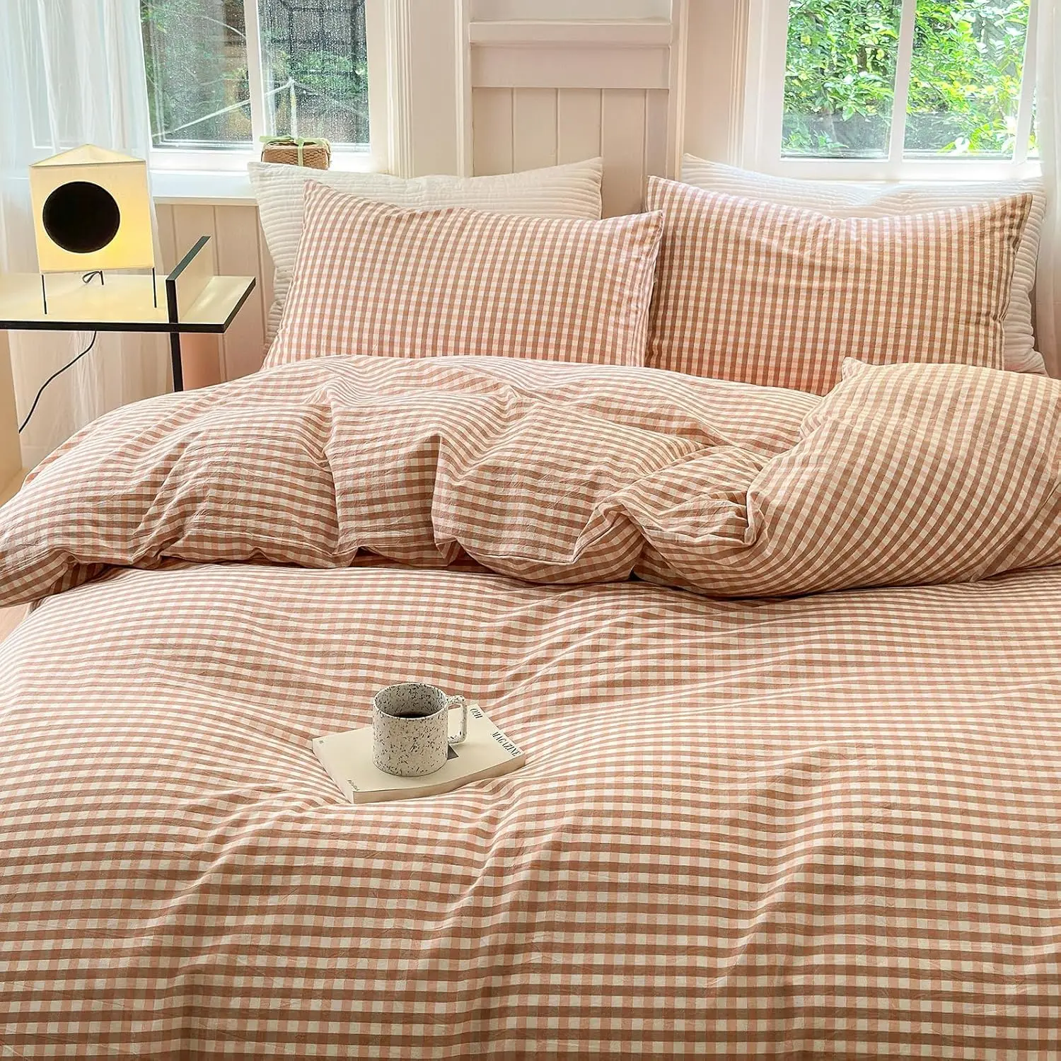 Pink Gingham Grid Duvet Cover Queen 3 Pieces Boho Duvet Cover 100% Washed Cotton Pink White Grid Comforter Cover with 2 Pillowcases Farmhouse Checkered Gingham Bedding Set