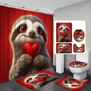 1/4PCS Lazy Bear 2D Flat Shower Curtain Set – Lazy Bear Holding Red Heart Design, Includes U-Mat, Toilet Cover & 12 Hooks, Bathroom Decor