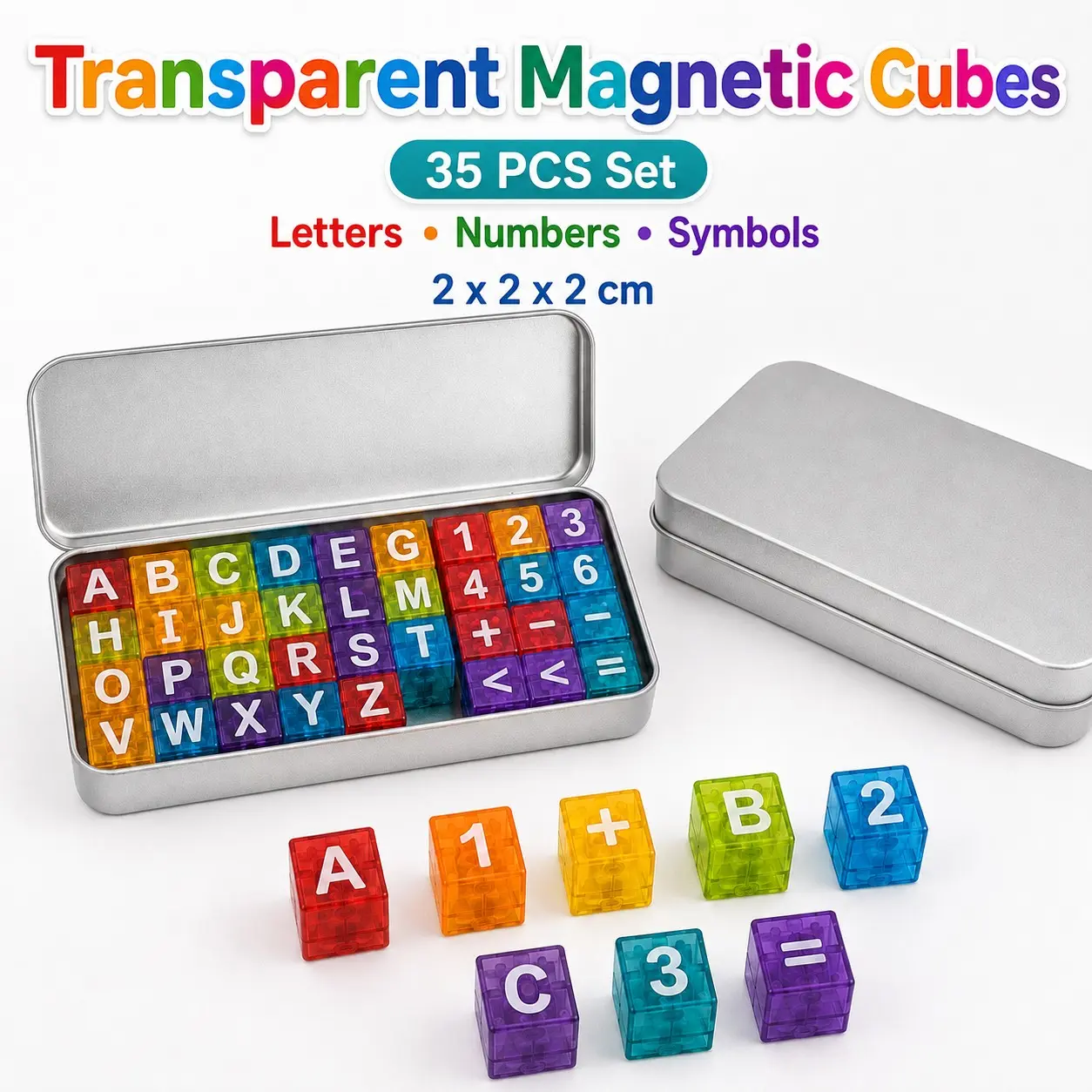 35PCS Transparent Magnetic Blocks Set with Metal Storage Tin, Alphabet Letters Numbers & Math Symbols, Magnetic Building Blocks Cubes, STEM Montessori Sensory Stacking Preschool Learning Travel Toy, Learning Tool for Kids Ages 3+