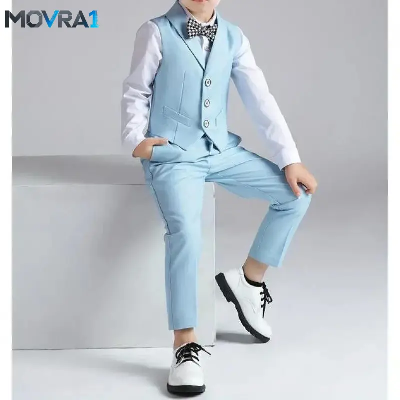 MOVRA1 Boys' 4-Piece Formal Vest Set in Solid Polyester Viscose, All-Season Suit with Shirt, Pants & Bow Tie Weddings, Machine-Woven