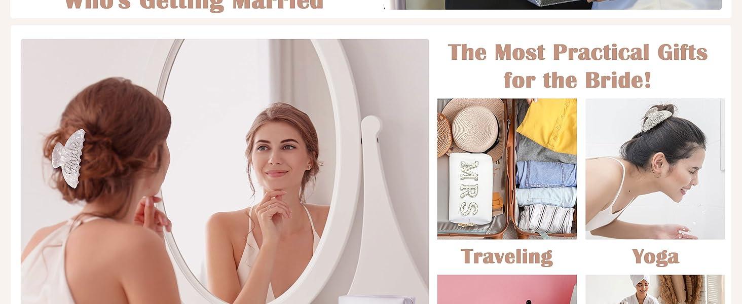 Bride To Be Gifts - Bridal Shower Gifts & Wedding Gifts for Bride - Gift Set: Makeup Bag, Slippers, Hair Clip - Bride Gifts