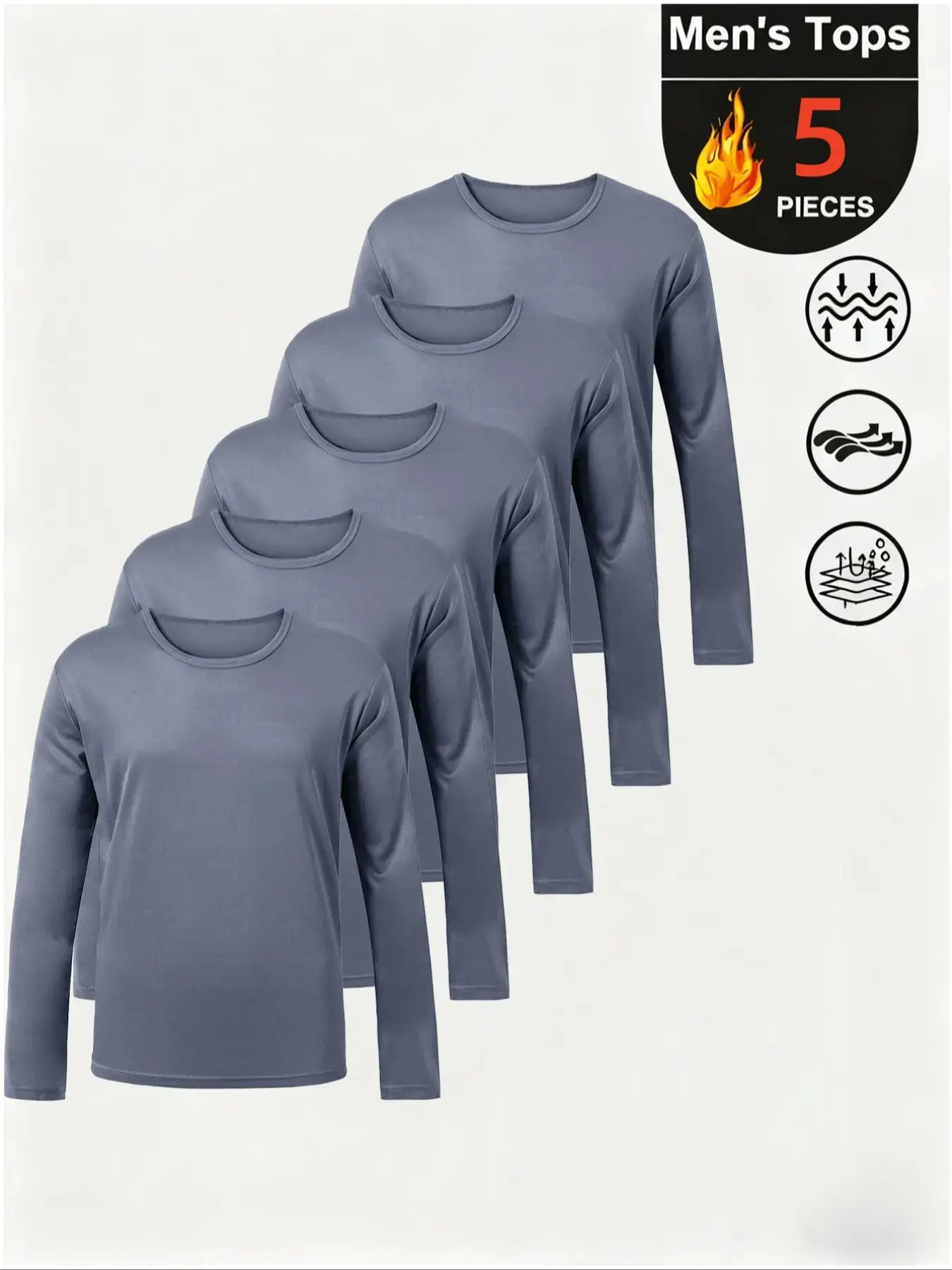 5-Pack Men's Solid Color Long Sleeve Athletic Fitted T-Shirts, Quick Dry Breathable Moisture Wicking Lightweight Dry Fit Stretch Crew Neck Sportswear, Activewear Gym Tops for Training, Running, Basketball, Bodybuilding, Fitness and Daily Wear