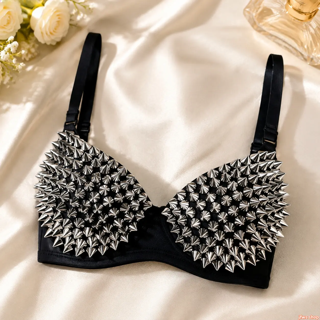 Steampunk Bra Top for Women Sexy Studded Nylon Push Up Cleavage Crop Top Clubwear Accessories for Cosplay Music Festival Party Concert Night Out Womenswear
