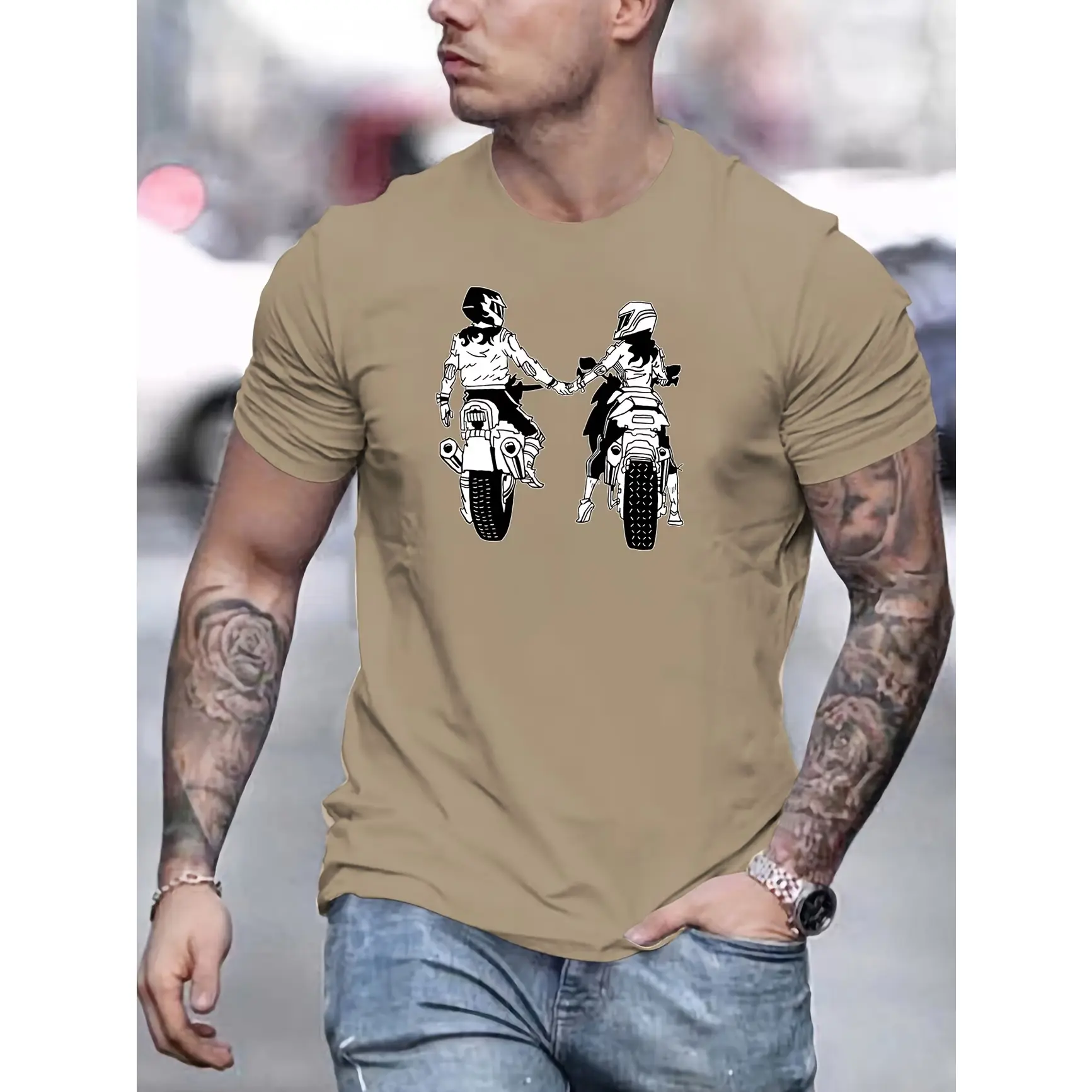 Oversized Comfort Cotton Graphic Tee, SummerVibes,Biker Couple Holding Hands Motorcycle Silhouette Fashion Outfit, Motorcycle Lover Romantic Casual Shirt, Ideal Valentine Holiday Present For Him Her Biker Couple Lovers