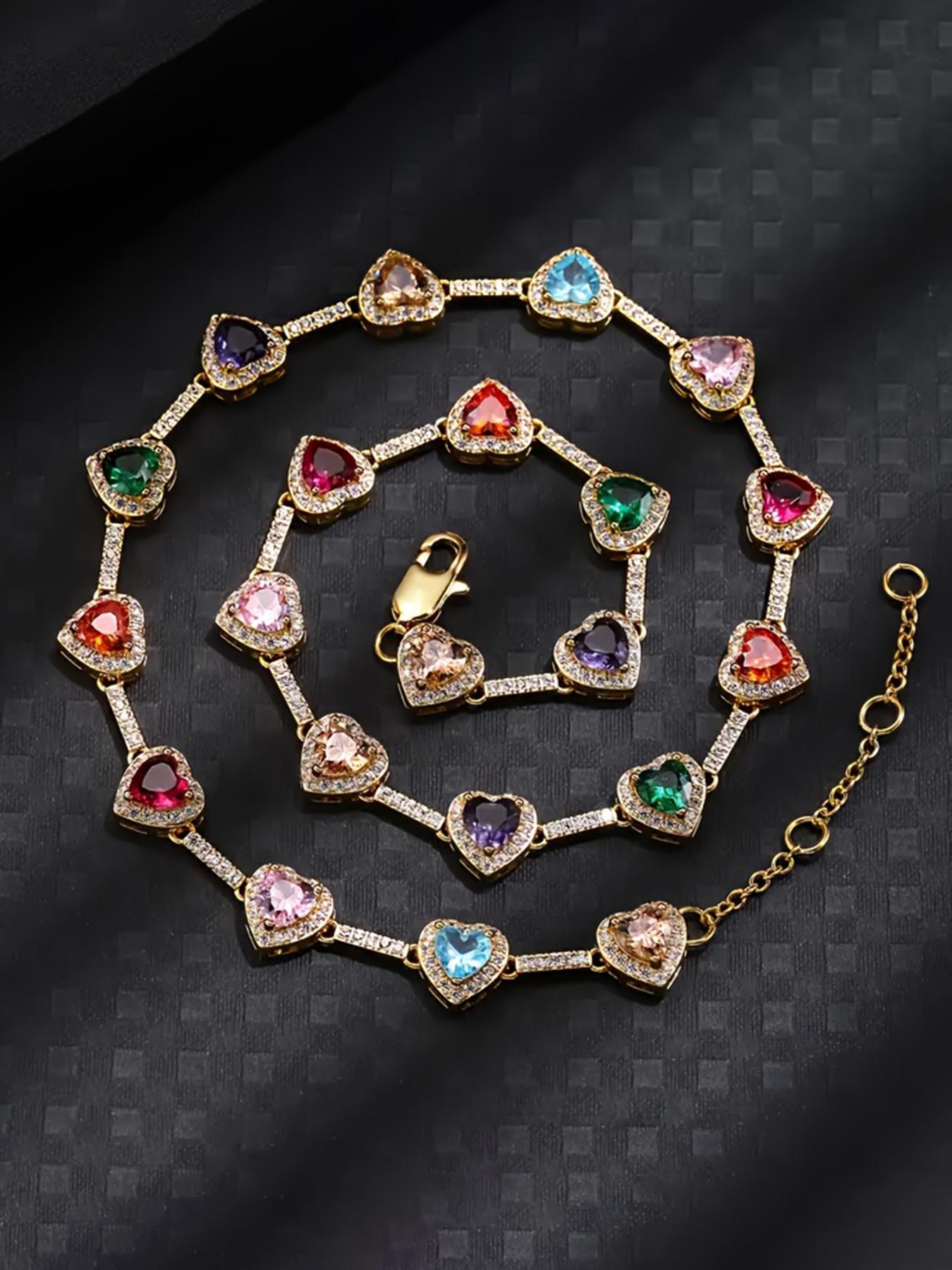 2PCS ICED CHICS Colorful Heart Necklace + Square necklace set, Iced Out Jewelry, hip-hop style, fashionable and avant-garde, set outfit, versatile style, shining multicolor synthetic zircon, the best choice as a gift
