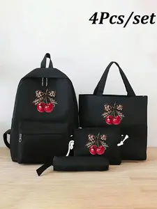 4-Piece Cartoon Bow Print Backpack Set, Fashionable Large Capacity Shoulder Bag, Portable Pencil Case, Wallet, Y2K Style for Teens