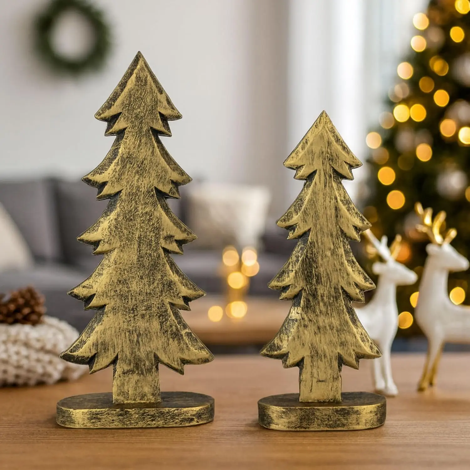 Christmas Tree Set of 2 Figurines, Xmas Rustic Decorations for , Living Room, Table Centerpiece, Mantel, Winter Indoor Elegant Decor,   Wooden Christmas Trees-12,10 inch