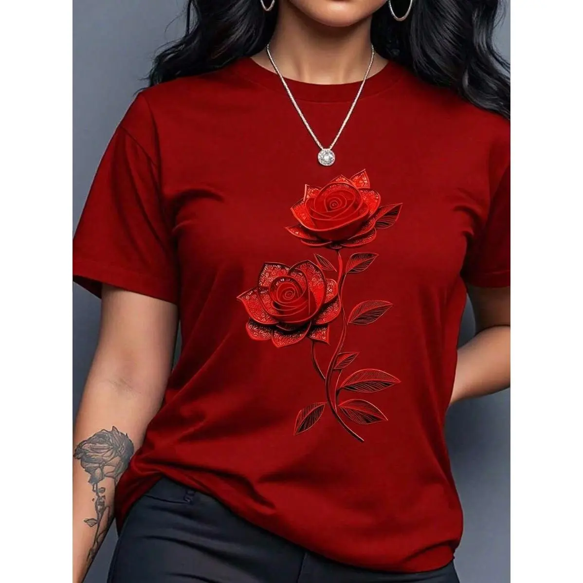 Plus Size Casual Graphic T-Shirt, Soft 100% Cotton Short Sleeve Top with an All Over Plant Print for Halloween Holiday Wear, Shortsleeve, Elegant