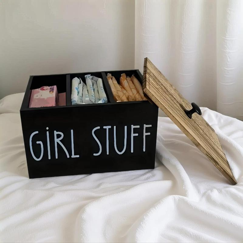 Wooden Storage Box with Lid, 1 Count Creative Letter Pattern Storage Box with 3 Compartments, bathroom accessories storage, Home Organizer for Bathroom, Living Room, Bedroom