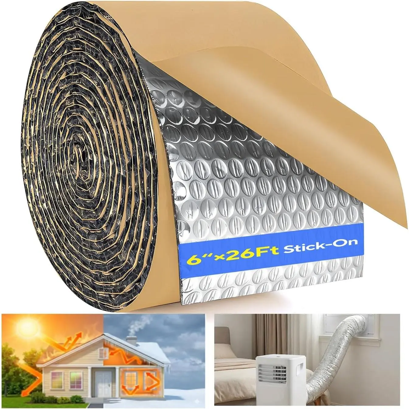 6" x 26' Pipe Insulation Wrap Double Bubble Foil Insulation Tape Self-Adhesive Reflective Roll for Outdoor HVAC Duct AC Hose Attics Windows Garages