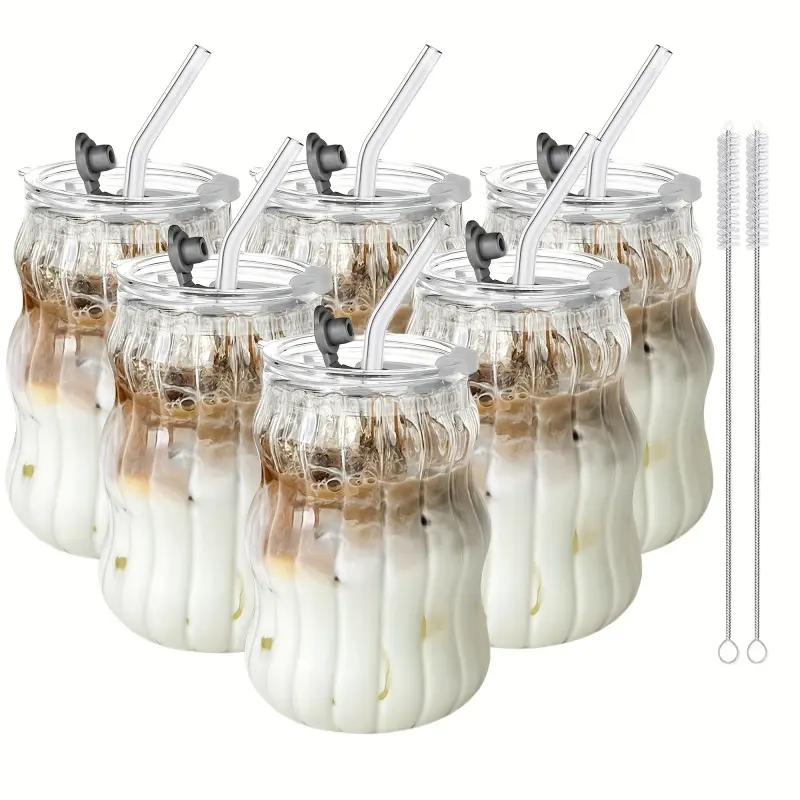6 Pack Cloud Cup Glasses with Straw High Borosilicate Glass Spiral Glass Tumbler Set for Women Cold Drinks Milk Tea Coffee Cups