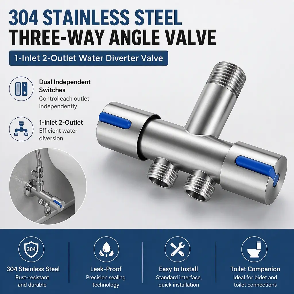 304 Stainless Steel 3‑Way Angle Stop Valve, 1‑Inlet 2‑Outlet Water Splitter with Dual Independent Switches, Toilet Companion Valve for Bathroom Bidet Sprayer