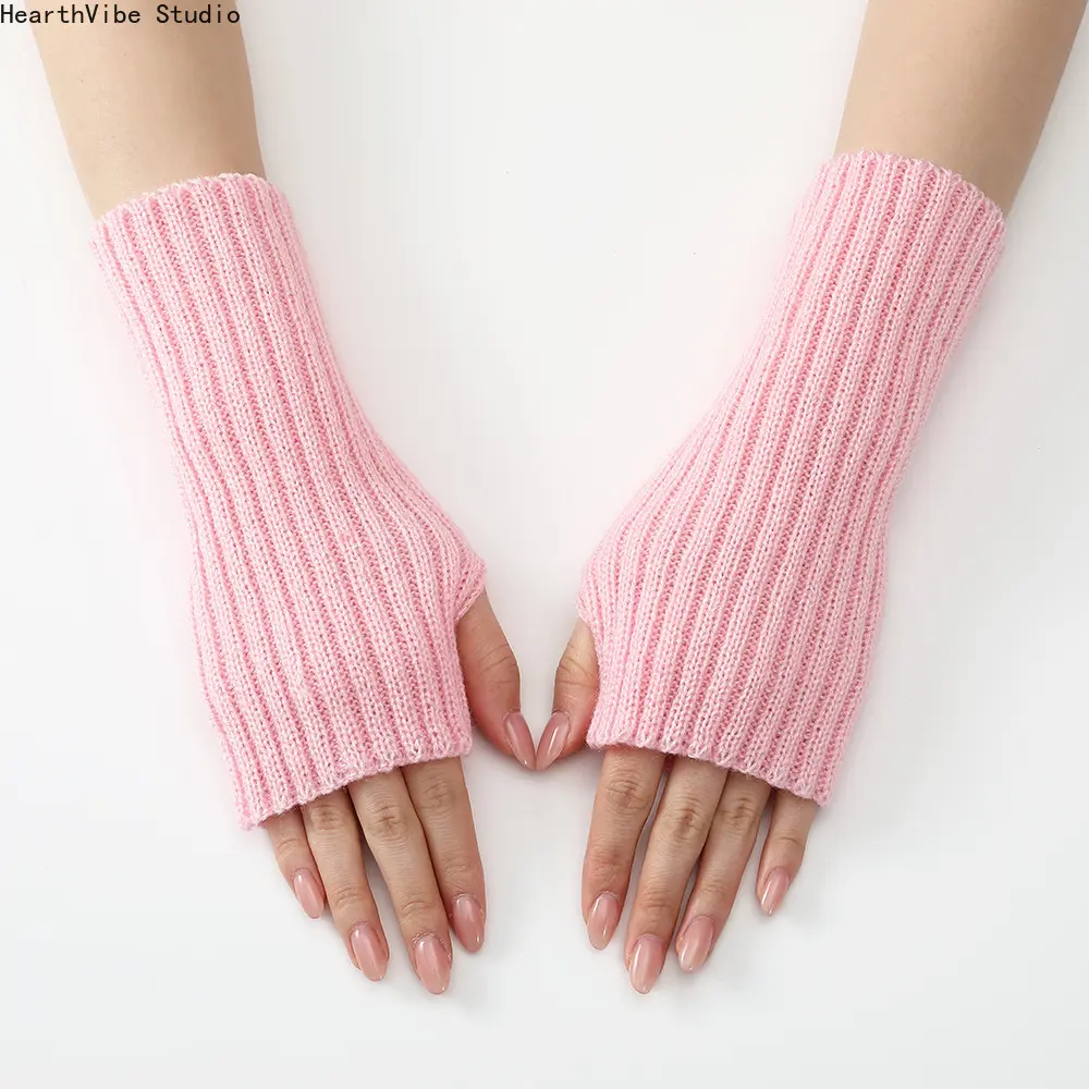Kawaii Pink Knit Fingerless Gloves 1-Pair, Ribbed Arm Warmers for Women, Soft Thermal Wrist Sleeve Mittens, Cute Coquette Y2K Long Hand Sleeves for Cold Weather Typing Daily Wear