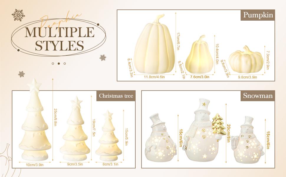 3 Pcs Lighted Ceramic Pumpkin Fall Decorations Autumn Table Centerpiece Porcelain White Pumpkin Figurines for Home Indoor Harvest Tabletop Halloween Thanksgiving Winter Decor